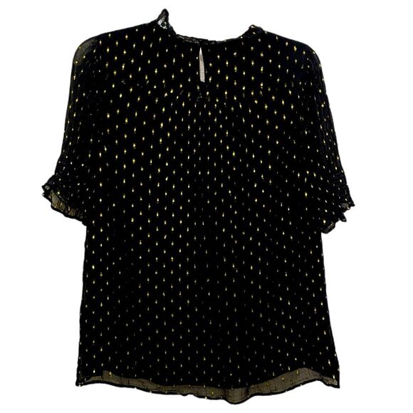 J. Crew Blouse Women’s Medium Black Yellow Sheer Polka Dot Ruffle Neck. - Picture 2 of 14